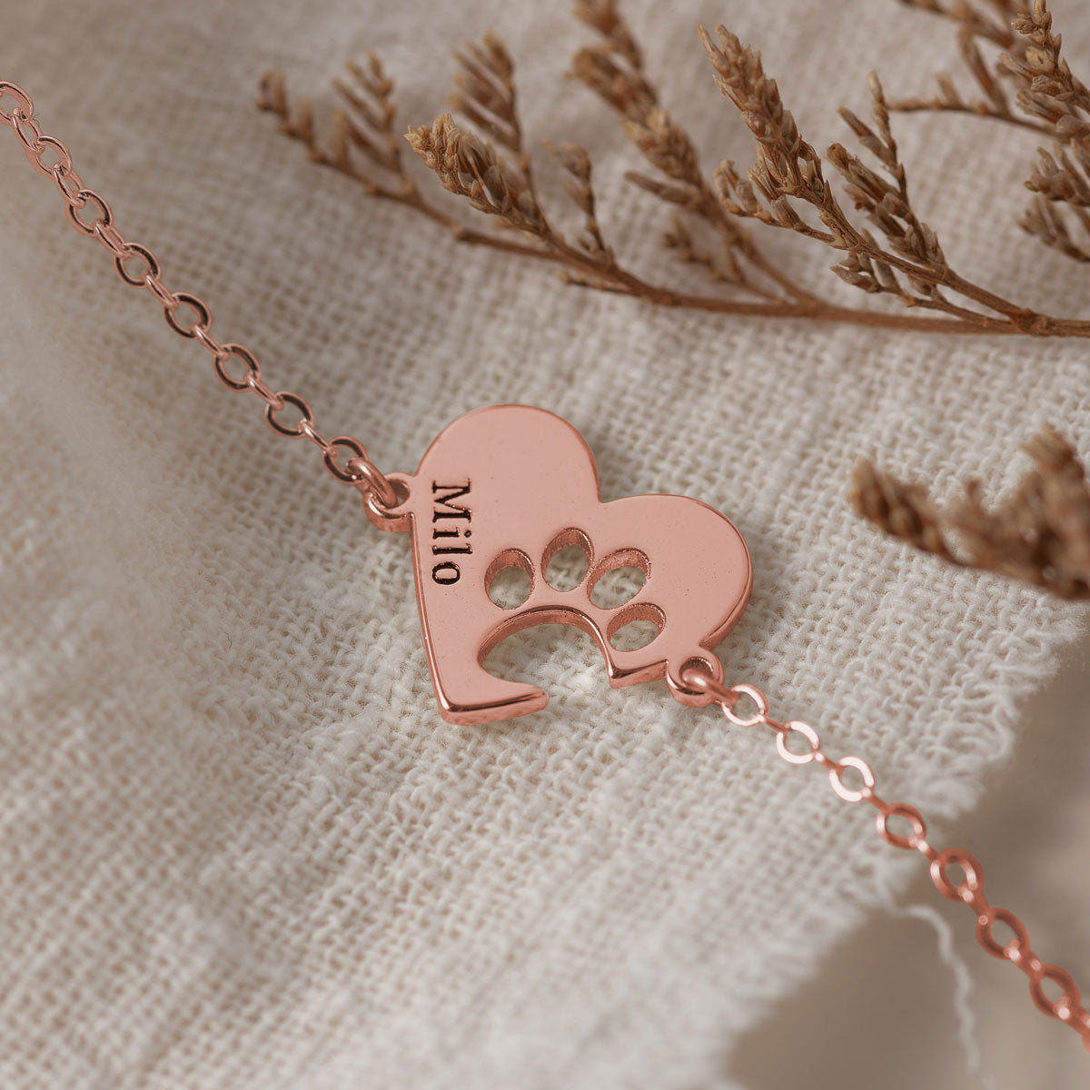 PupRing Paw Heart Bracelet Rose Gold Plated Adjustable size Personalized Pet Memorial Jewelry Custom Engraved Name Keepsake Gift for Dog Lovers